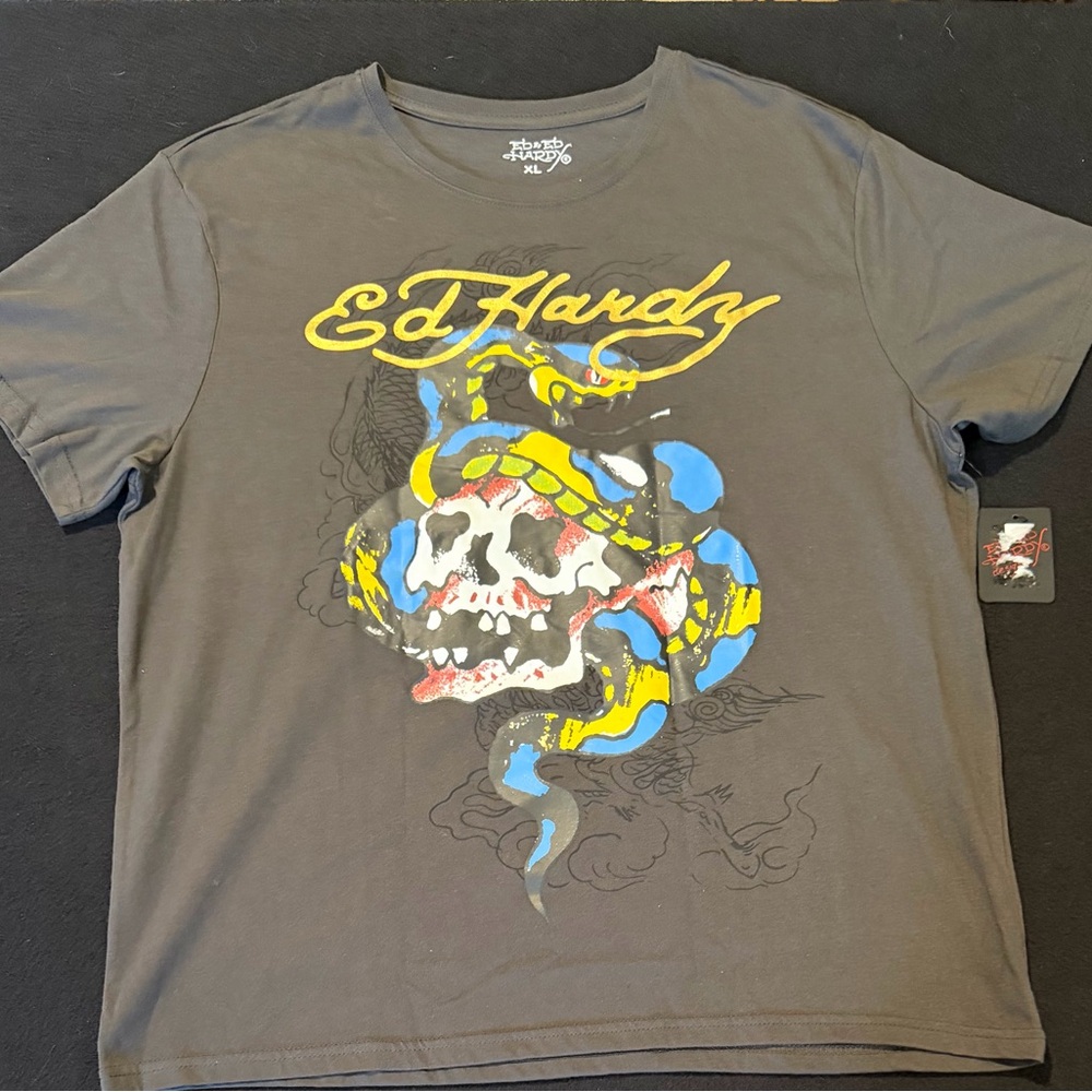 Ed Hardy Graphic T-Shirt Charcoal Skull And Shake Snake Mens Size XL NWT‎
